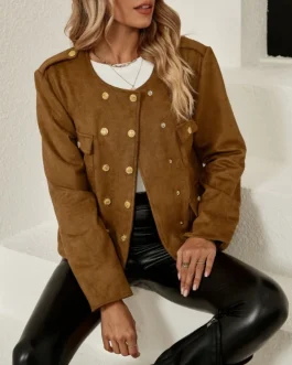 Chic Camel Gold Button Snap Down Round Neck Jacket
