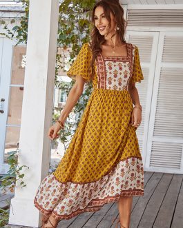 Soleil French printed vacation square neck Special Occasion dress