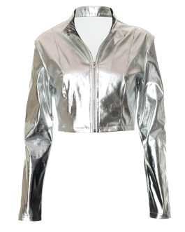 Silver Radiance Fashion PU Leather Candy Color Mock Neck Jacket