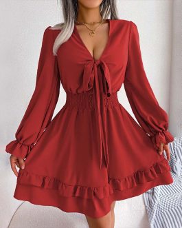 European and American autumn and winter ladies elegant red style sweet short skirt evening dress