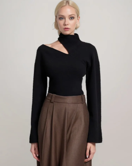 Midnight Black Cut and hollow half high neck slim fit knitted pullover sweater for women