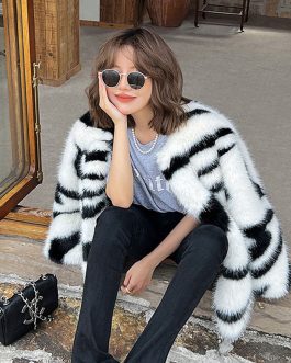 Luxe Zebra Glam Winter Zebra Mink Faux Fox Fur Coat