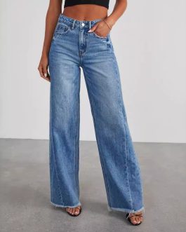 Cowboy Blue Loose wide leg side seam splicing, brushed hem denim jeans for women