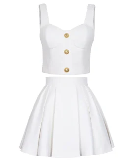 Glamorous Red suspender V-neck tassel Bandage Mini Evening Party wear Dress with Gold Button Detail