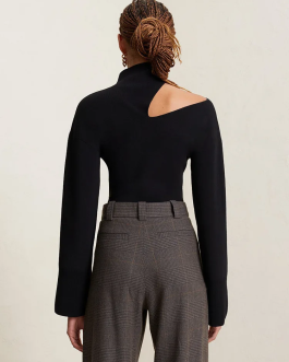 Midnight Black Cut and hollow half high neck slim fit knitted pullover sweater for women