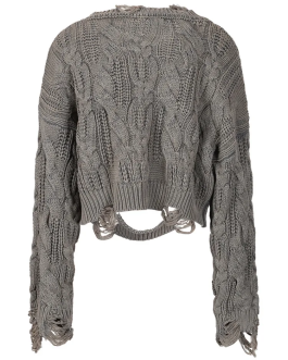 Women Big Size Fashion sweater Gray Holes Knitting Round Neck Long Sleeve