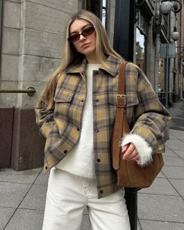 Retro Checkered Loose Wool Coat for Women