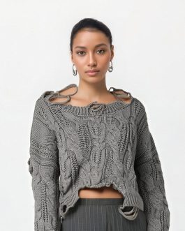 Women Big Size Fashion sweater Gray Holes Knitting Round Neck Long Sleeve