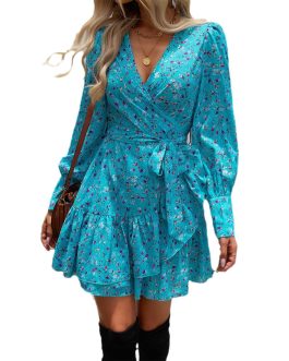 Autumn winter European and American women’s elegant Short Evening dress with V-neck printed A-line skirt