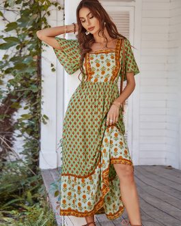 Soleil French printed vacation square neck Special Occasion dress