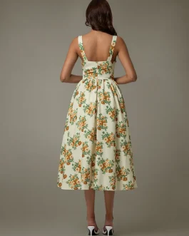 Golden Bloom Lace Trim Floral Sleeveless Special Occasion Midi Dress