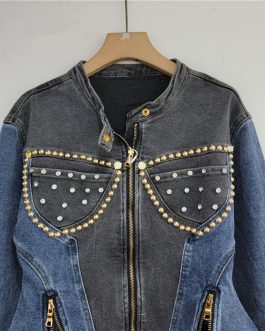 Studded Chic Elastic Slim Fit European Denim Jacket