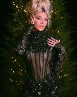 Black Sequin Mesh Long Sleeve Beaded Banquet Annual Party Bandage Dress