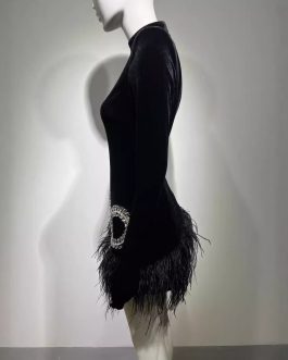 Black Diamond Fashionable Retro Banquet Performance Short Formal Dress Shoulder Padded with Feather Skirt