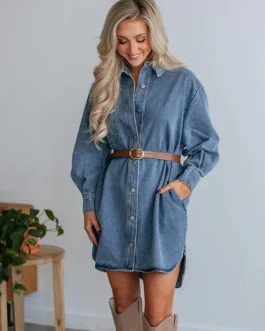 Classic Denim Charm Button-Up Long Sleeve Dress