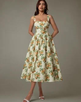 Golden Bloom Lace Trim Floral Sleeveless Special Occasion Midi Dress