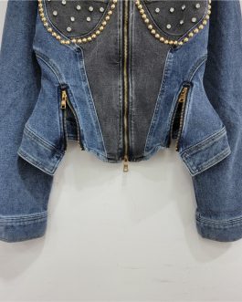 Studded Chic Elastic Slim Fit European Denim Jacket