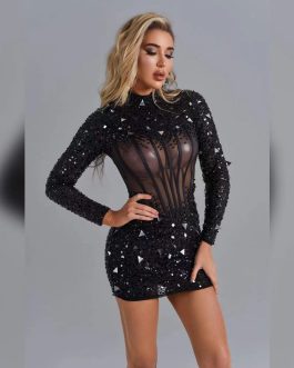 Black Sequin Mesh Long Sleeve Beaded Banquet Annual Party Bandage Dress