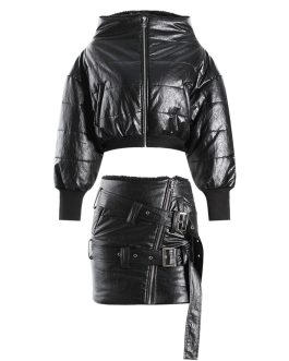 Black niche plush cotton short skirt & jacket suit with large collar design and multiple wearing styles