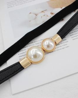 Women’s Double Pearl PU Leather Dress Skirt Waist Elastic Thin Waistband Belt