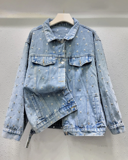 Women’s Denim Jacket Blue Metal Nail Bead Coat