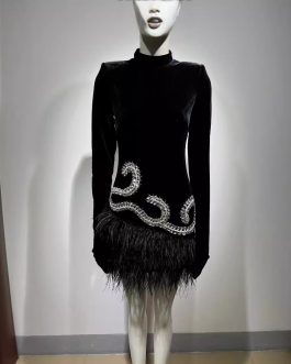 Black Diamond Fashionable Retro Banquet Performance Short Formal Dress Shoulder Padded with Feather Skirt