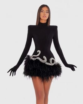 Black Diamond Fashionable Retro Banquet Performance Short Formal Dress Shoulder Padded with Feather Skirt