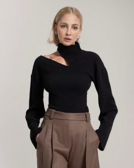 Midnight Black Cut and hollow half high neck slim fit knitted pullover sweater for women