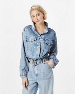 Women’s Denim Jacket Blue Metal Nail Bead Coat