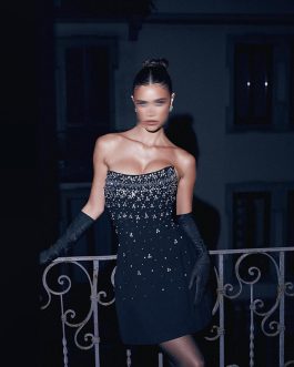 Elegant Black Luxury Heavy Embroidery Strapless Beaded Waist-Cinching short formal Black Dress