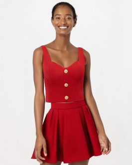 Glamorous Red suspender V-neck tassel Bandage Mini Evening Party wear Dress with Gold Button Detail