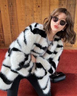 Luxe Zebra Glam Winter Zebra Mink Faux Fox Fur Coat