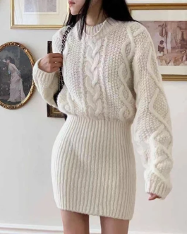 Chunky Cable-knit Long Sleeve Ribbed Mini Special Occasion Sweater dress Outfit
