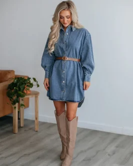 Classic Denim Charm Button-Up Long Sleeve Dress
