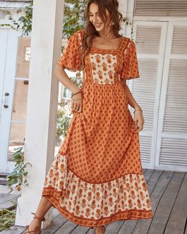 Soleil French printed vacation square neck Special Occasion dress