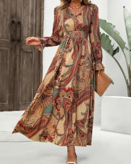 Boho Muse Smocked V-Neck Flounce Sleeve Elegant Evening Maxi Dress