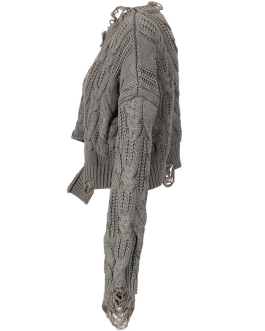 Women Big Size Fashion sweater Gray Holes Knitting Round Neck Long Sleeve