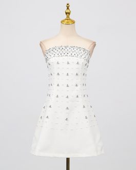 Elegant Black Luxury Heavy Embroidery Strapless Beaded Waist-Cinching short formal Black Dress