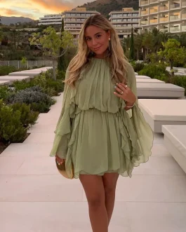 Serene Breeze Elegant Green Ruffle Flare Sleeves Casual Fashion Mini Dress