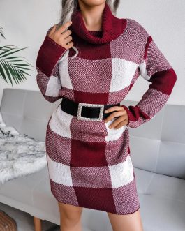 Casual Plaid Turtleneck Knitted Special Occasion Sweater Dress