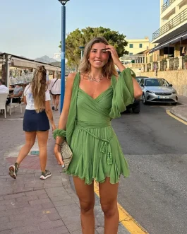 Enchanted Olive Chiffon Pleated Lace Up Fashion Mini Party Wear Dress