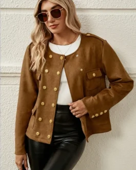 Chic Camel Gold Button Snap Down Round Neck Jacket