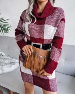 Casual Plaid Turtleneck Knitted Special Occasion Sweater Dress