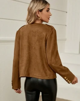 Chic Camel Gold Button Snap Down Round Neck Jacket