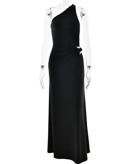 Glam Women’s Elegant Long Evening Party Dress with Sexy Backless Metal Decoration for Special Occasions