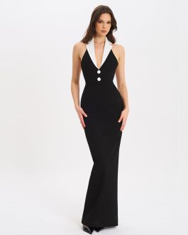 Hanging neck and lapel long sexy V-neck slim fit backless formal Elegant Party Wear dress
