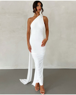 Sexy Backless Halter Oblique Shoulder Pleated Evening Elegant Women’s Maxi Party Dress