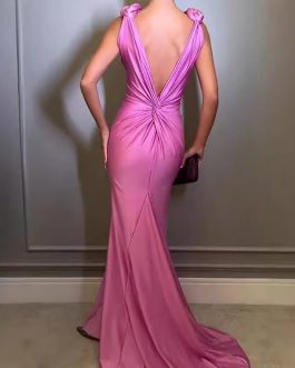 Sexy V-neck sleeveless backless slim fit elegant long evening pink prom dress for special occasions