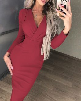 Women Sexy Deep V-neck Wrap Dress Long Sleeve Solid Party Dress Elegant Knee-Length Pencil Formal Dress