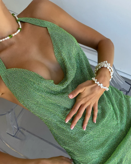 Sexy Backless Formal Short Dress Shiny Rhinestone Halter Neck Side Split Sleeveless Club Evening Party Wear Dress